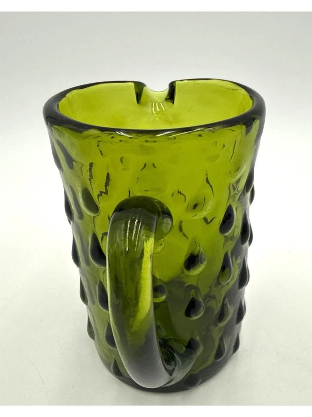 Vtg Handled Small Blown Art Glass Teardrop Pattern Avocado Green Pitcher/Creamer